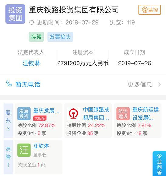 重庆铁路投资集团成立 注册资本279亿 将要干这些事