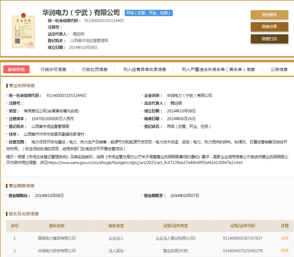 华润电力(宁武)因不执行政府指导价、政府定价行为被罚